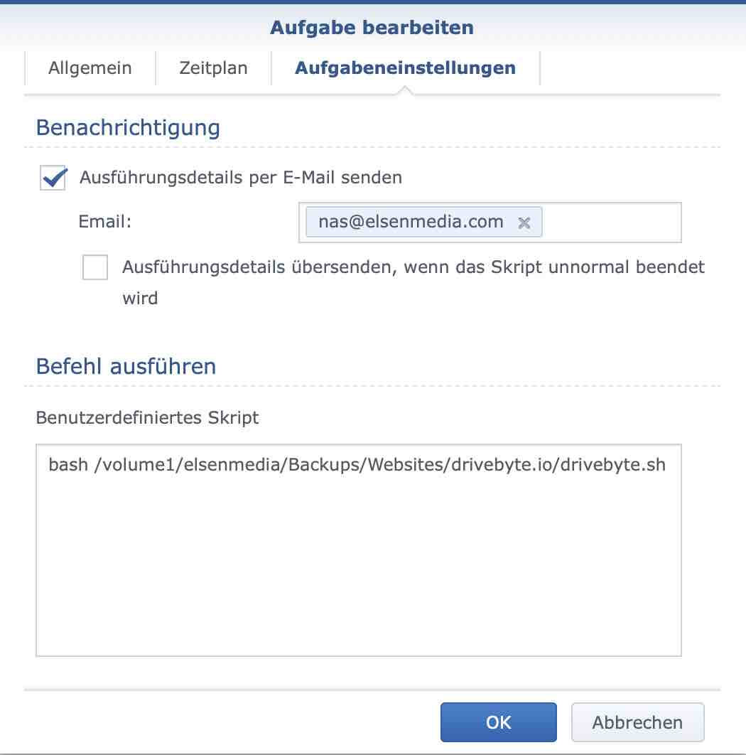 Aufgabeneinstellungen festlegen und Bash Skript einfügen